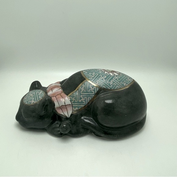 Vintage Asian Katami Cloisonné Hand Painted Sleepy Cat Blue/Pink/Gold - Picture 9 of 9